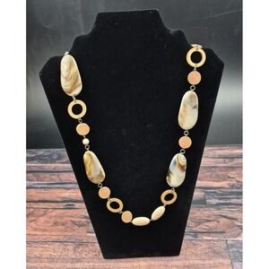 Long Necklace 36" Rings Beads Faux Stones Earth Tones Wood Circles Boho Layer